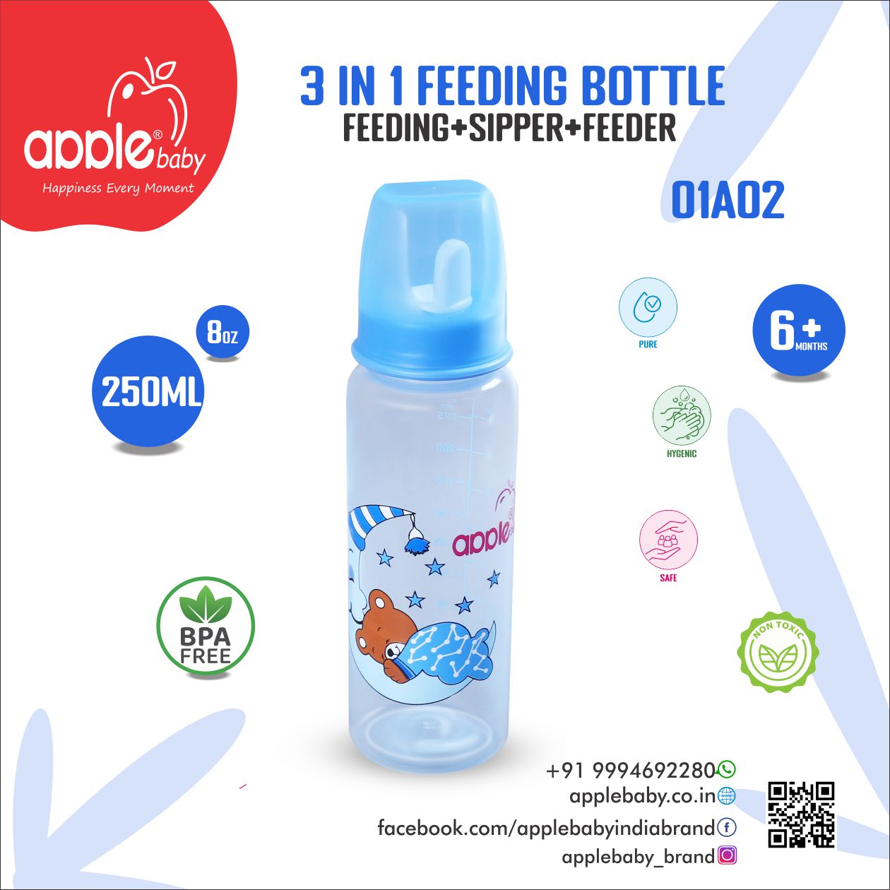 01A02_APPLE BABY 3 IN 1 FEEDING BOTTLE 80Z 250ML