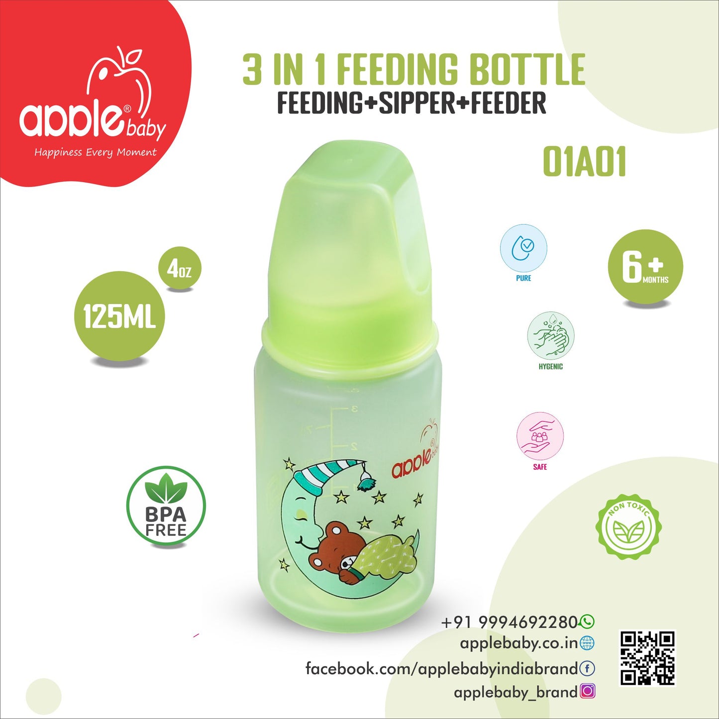 01A01_APPLE BABY 3 IN 1 FEEDING BOTTLE 4 0Z 125ML