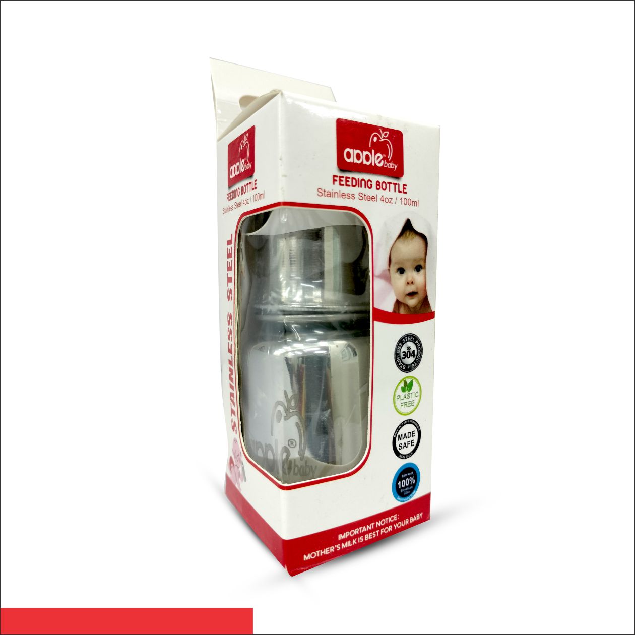 01A100_APPLE BABY STAINLESS STEEL  FEEDING BOTTLE- 4oz /100 ML