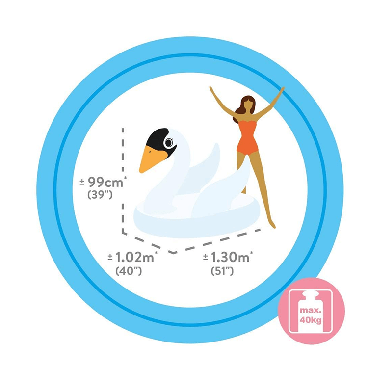 Graphic showing the dimensions of the Intex Majestic Swan pool float as 1.30m wide, 1.02m deep, and 99cm tall, with a max weight limit of 40kg.