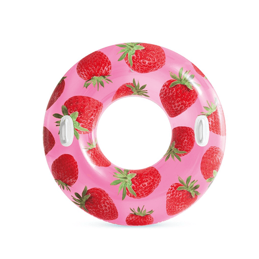 Intex Strawberry themed inflatable pool float ring with a pink berry pattern and two heavy-duty grab handles.
