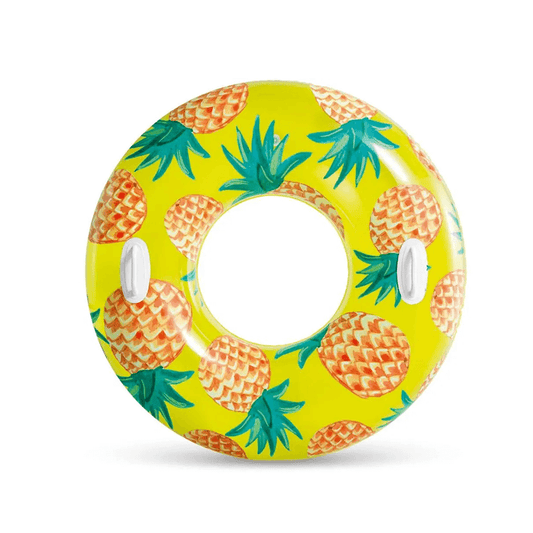 Top-down view of the Intex Pineapple themed inflatable pool float ring, featuring a bright yellow background, tropical pineapple pattern, and two heavy-duty grab handles.