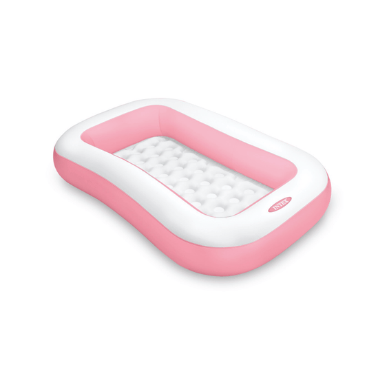 Angled view of the Intex rectangular pink inflatable baby pool featuring a soft white padded bubble floor.