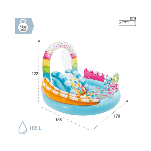 Intex Wet Set Collection Candy Play Center packaging showing kids playing on a water slide with a donut sprinkler arch.