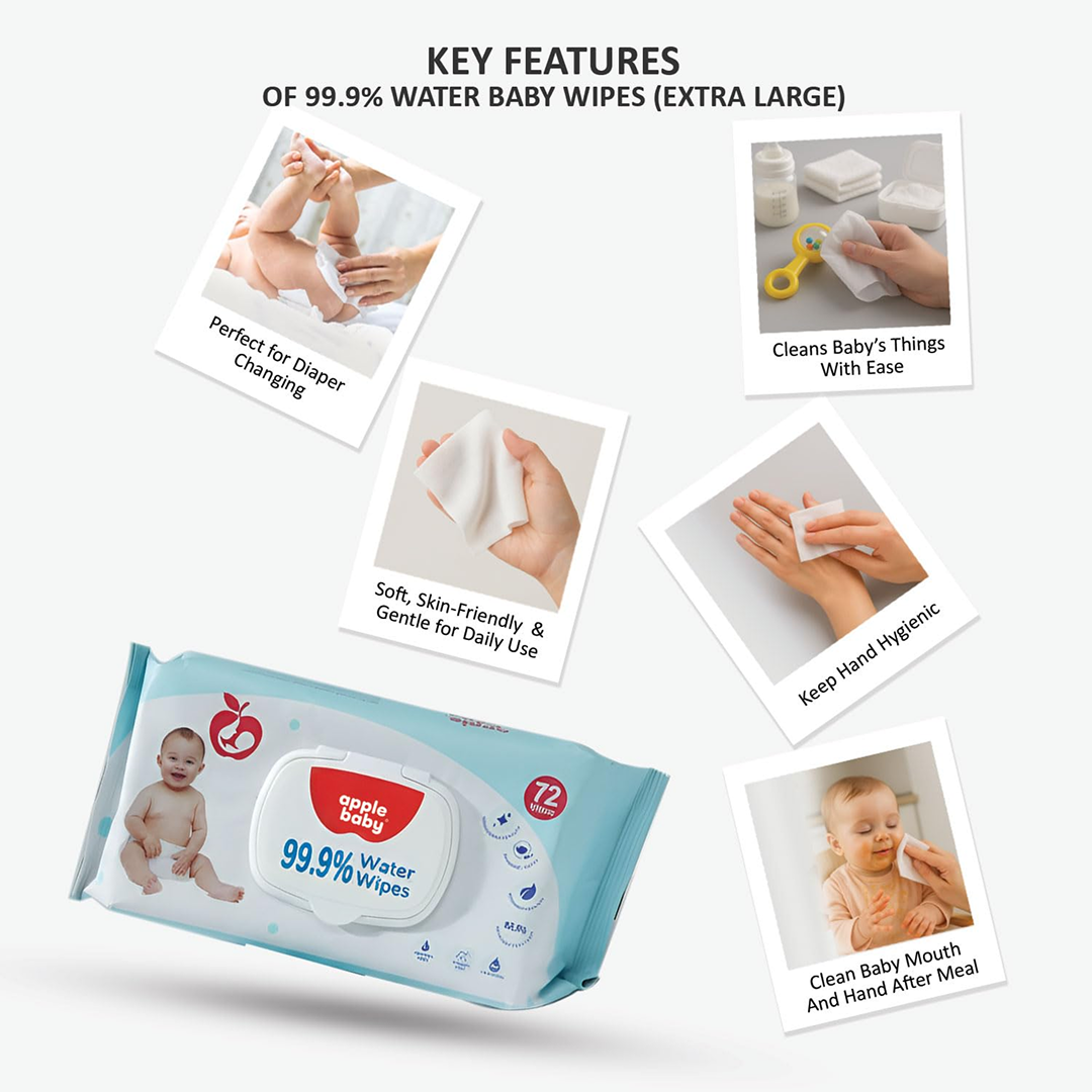 Apple Baby 99.9% Pure Water Wipes | Unscented & Fragrance-Free | 72 Wipes (Pack of 2)