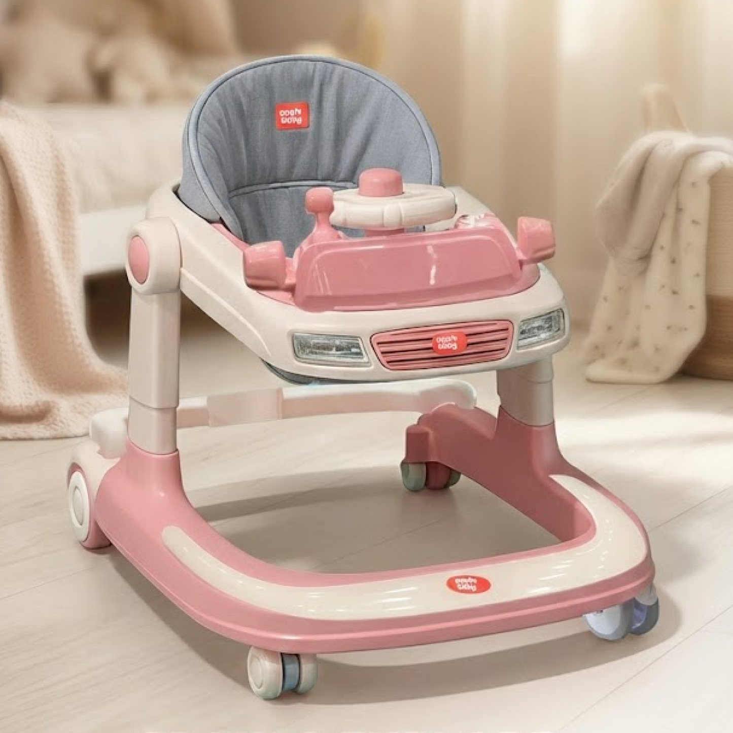 Apple Baby Car Style Baby Walker | Pink & Beige | Foldable Activity Center with Steering Wheel