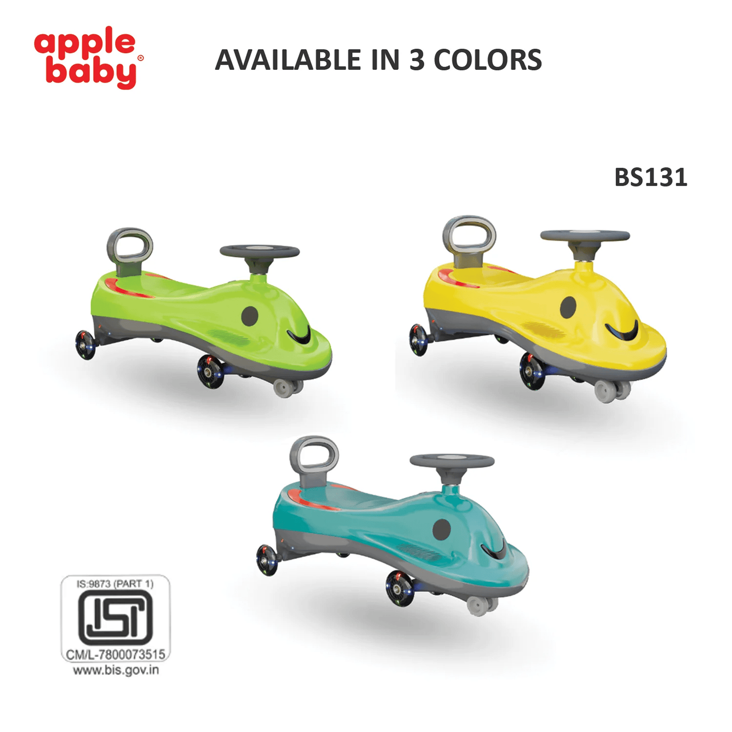 Apple Baby Berry Swing Car | Twist Ride - On Toy with LED Wheels | Musical Steering Wheel | Ages 2 - 5 Ride Ons for babies - Dark Green - Bouncing Baby