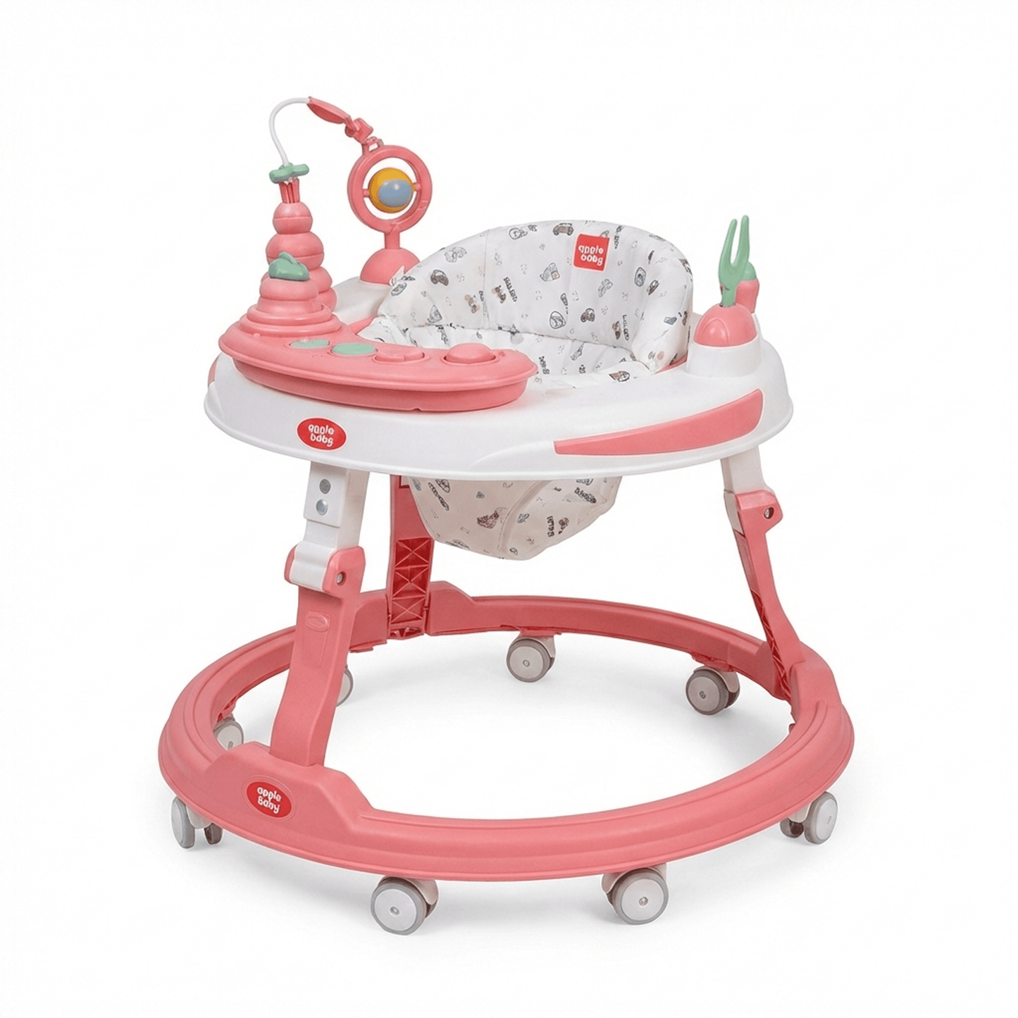 Apple Baby Pink Round Walker | Musical Activity Center with Stacking Rings | Adjustable Height Baby Walkers for babies - Bouncing Baby