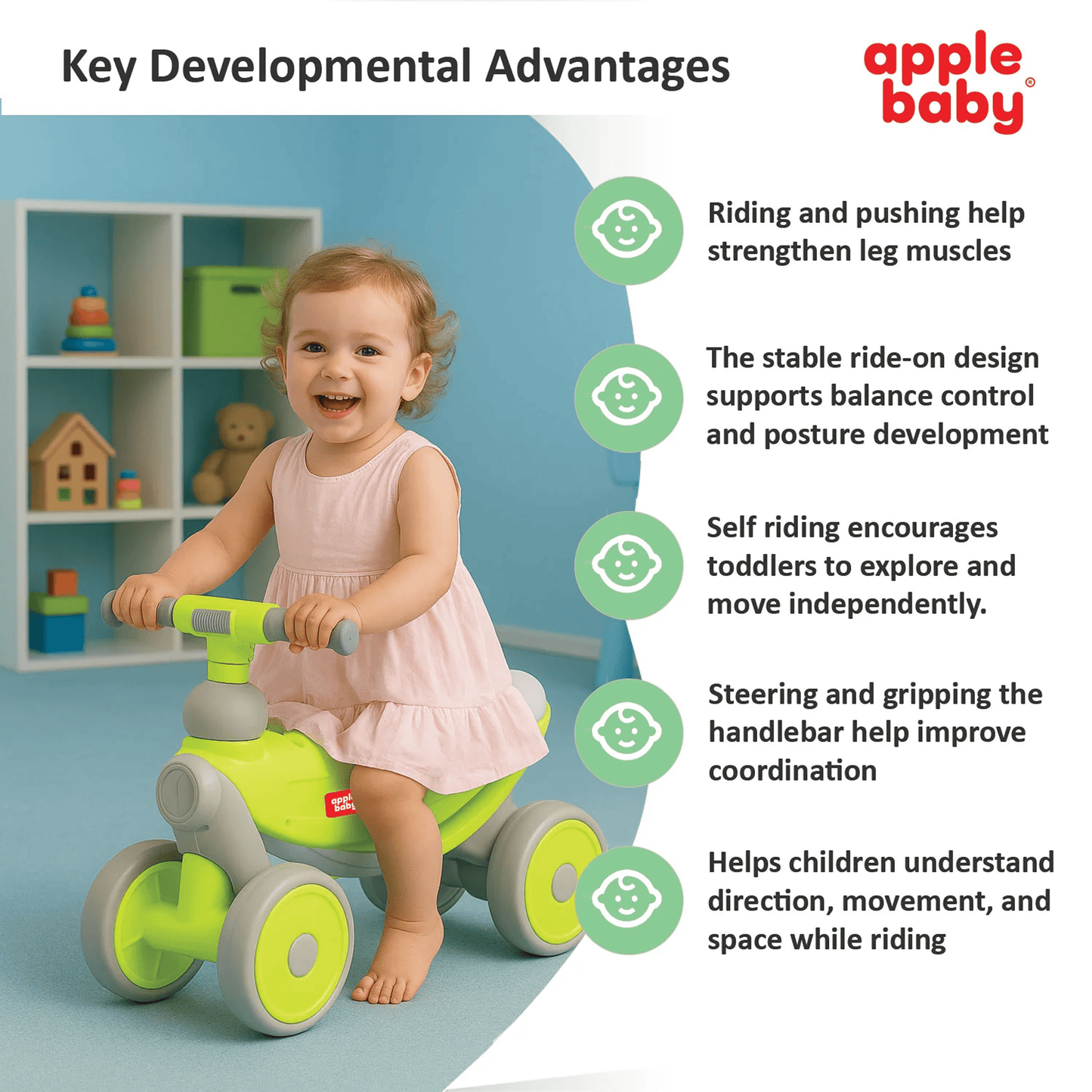 Apple Baby Royal Rider Balance Bike | 4 - Wheel Ride - On Toy | First Push Bicycle for Toddlers | Ages 10M - 3Y Ride Ons for babies - Green - Bouncing Baby