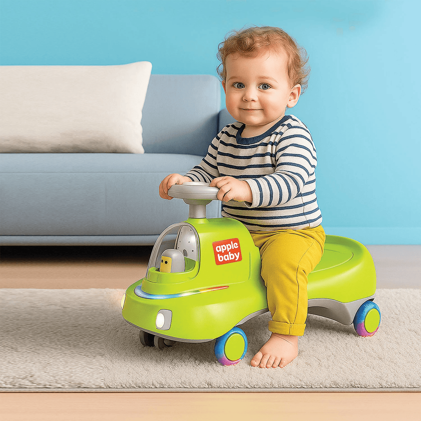 Apple Baby Spacey Scooter Twist Car | LED Light - Up Wheels & Astronaut Cockpit | Wiggle Ride - On Toy Ride Ons for babies - Green - Bouncing Baby