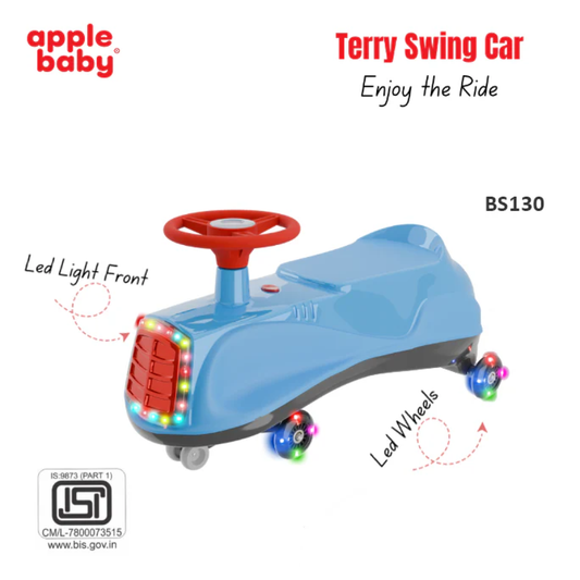 Apple Baby Terry Swing Car | LED Light - Up Grille & Wheels | Musical Twist Ride - On Toy | Ages 3+ Ride Ons for babies - Blue - Bouncing Baby