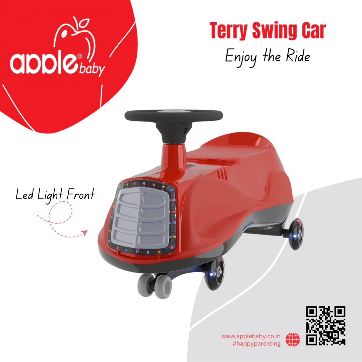 Apple Baby Terry Swing Car | LED Light - Up Grille & Wheels | Musical Twist Ride - On Toy | Ages 3+ Ride Ons for babies - Red - Bouncing Baby