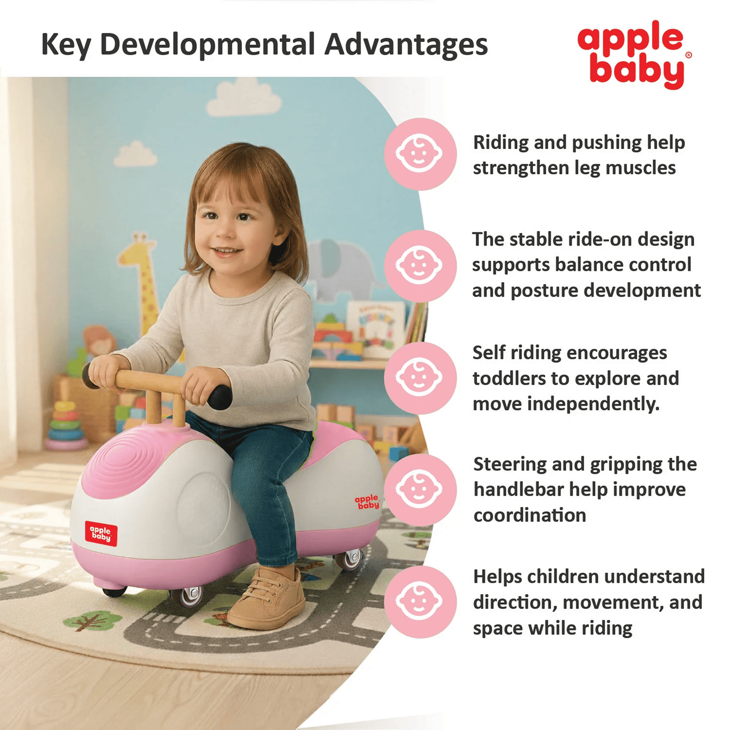 Apple Baby Zoomie Car | 360° Spin Ride - On Toy | Multi - Directional Caster Wheels | Wooden - Style Handle Ride Ons for babies - Pink - Bouncing Baby