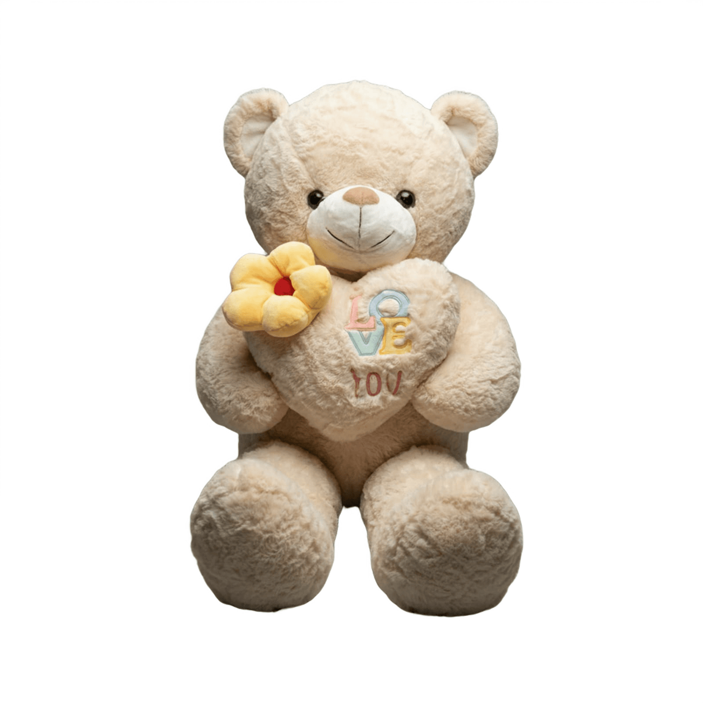 Cream Teddy Bear Soft Toy | Holding "Love You" Heart & Flower | Romantic Plush Gift Soft Toys for babies - Bouncing Baby