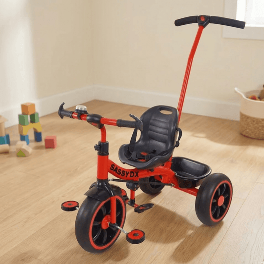 Kids Red Tricycle with Parent Push Handle & Safety Harness | Sassy DX Toddler Trike Tricycles for babies - Bouncing Baby
