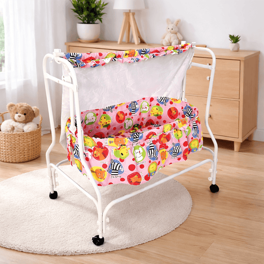 Newborn Baby Cradle with Mosquito Net & Wheels | Pink Animal Print Swinging Bassinet Baby Cradles for babies - Bouncing Baby