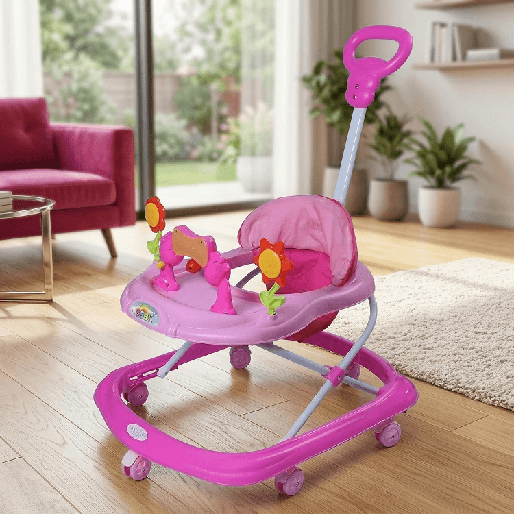 Pink Baby Step Walker with Parent Push Handle & Activity Tray | Toddler Learning Walker Baby Walkers for babies - Bouncing Baby