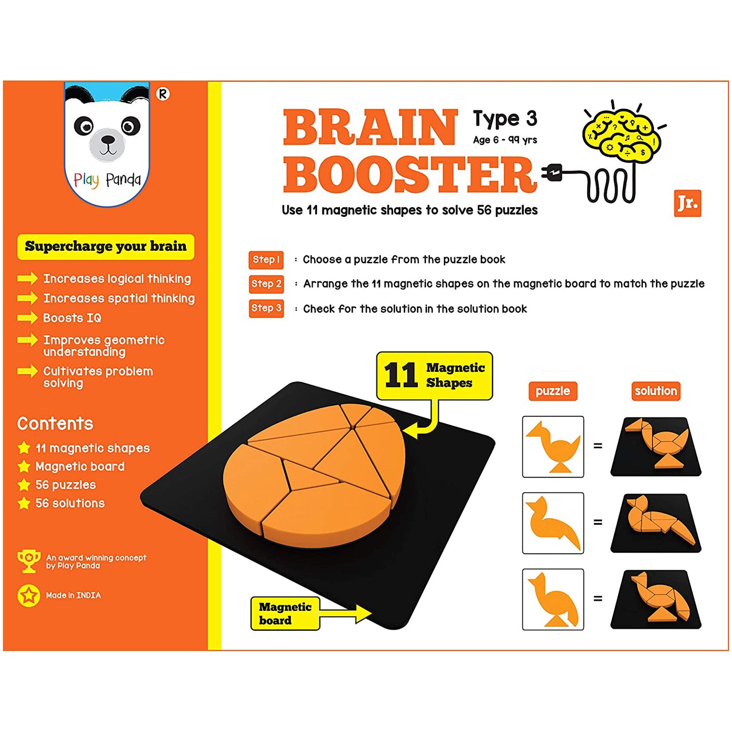 BRAIN BOOSTER USE 11 MAGNETIC SHAPE TO SOLVE 56 PUZZLES