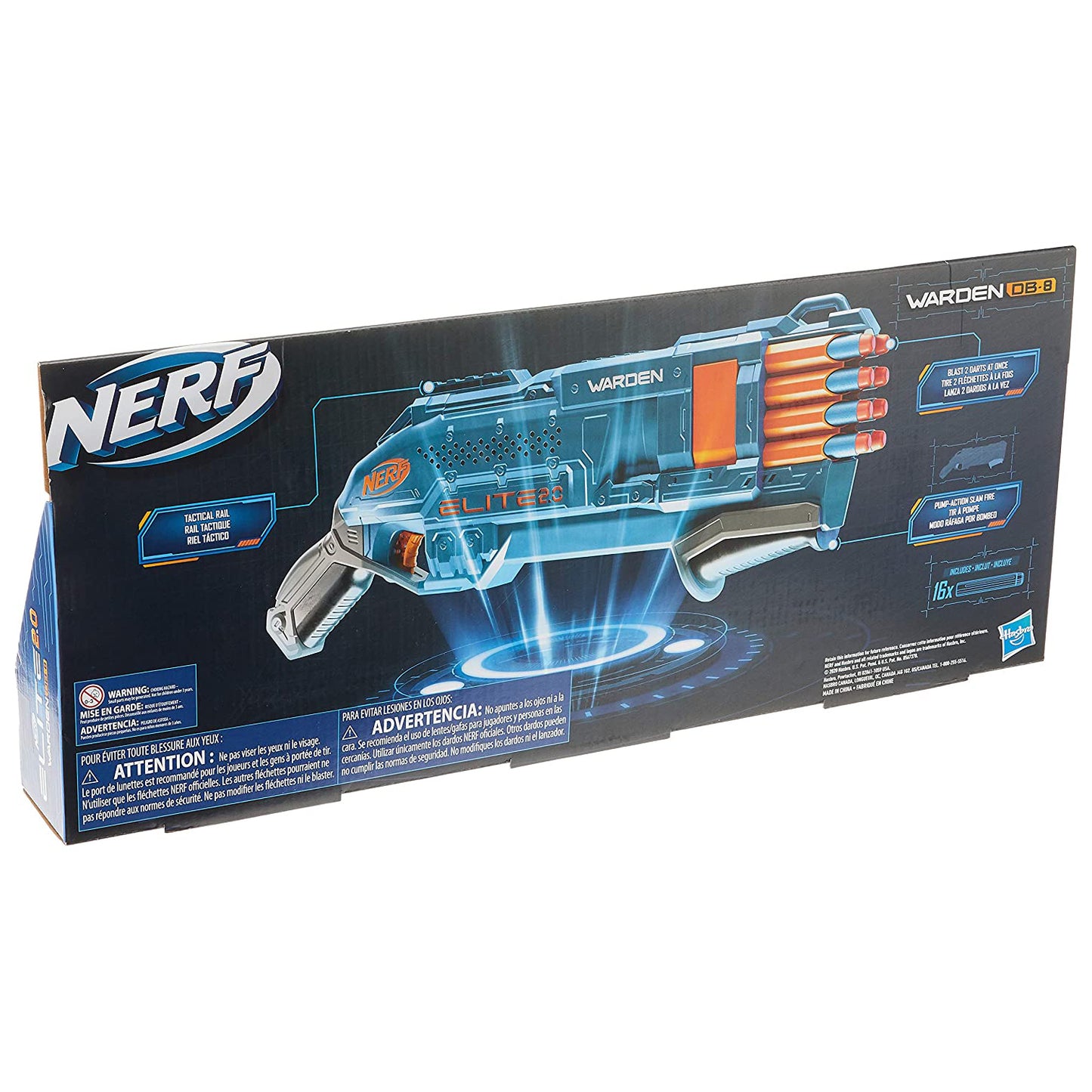 NERF Elite 2.0 Warden DB-8 Blaster, 16 Darts, Blast 2 Darts at Once, Tactical Rail for Customizing