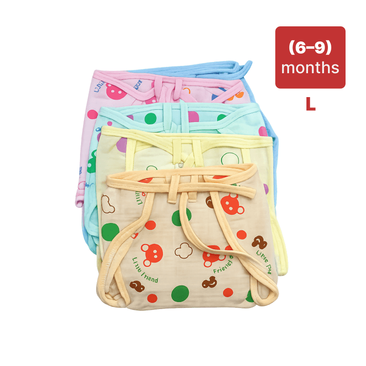 Stack of colorful baby blankets with size label (6-9) months L on a white background. image - 1