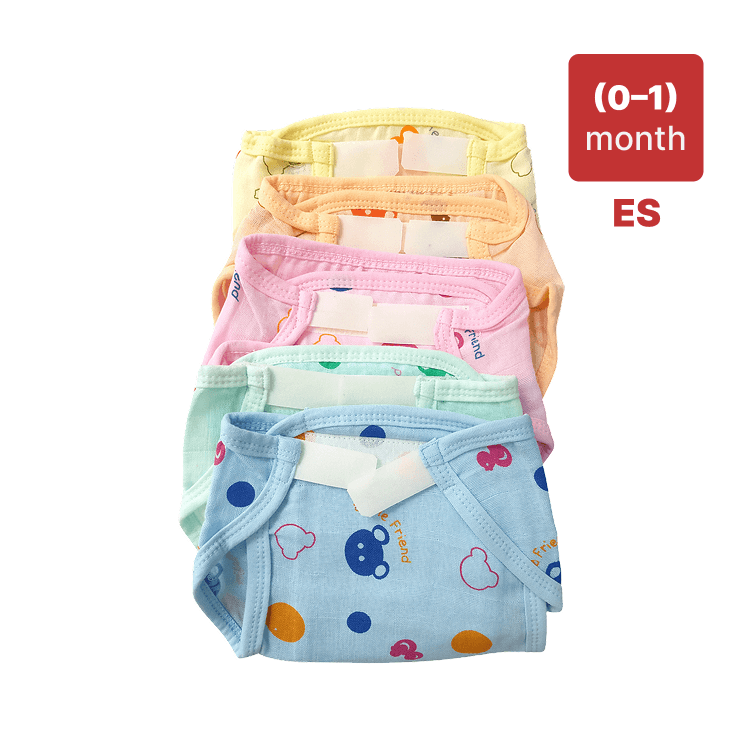 Stack of colorful baby diapers with cartoon designs on a white background. ES (0-1) months. Image - 1.