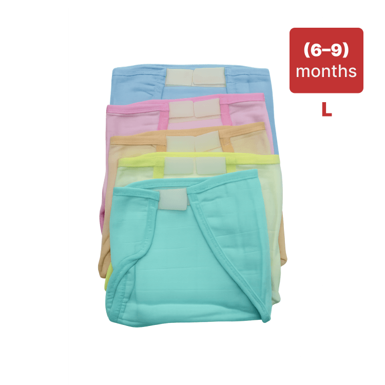 Stack of colorful baby diapers with size label (6-9 months L) on a white background. Image - 1