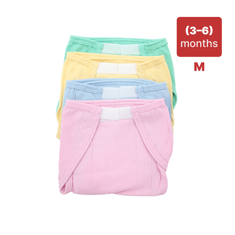 Set of four colorful baby pants stacked on a white background with size label. M (3-6) months. Image - 1.