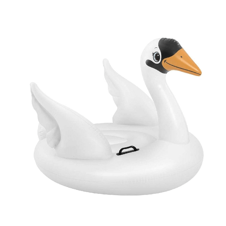 Large white Intex inflatable swan pool float featuring orange beak details, cute eyes, and two black heavy-duty grab handles.