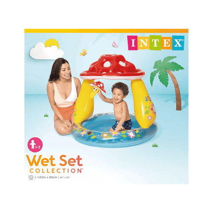 Intex Wet Set Collection Mushroom baby pool packaging showing a mother and baby. Highlights dimensions of 1.02m by 89cm and age rating 1 to 3.