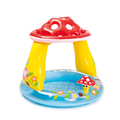 Full view of the Intex Mushroom inflatable baby pool featuring a red canopy, yellow pillars, and a blue base with flower patterns.