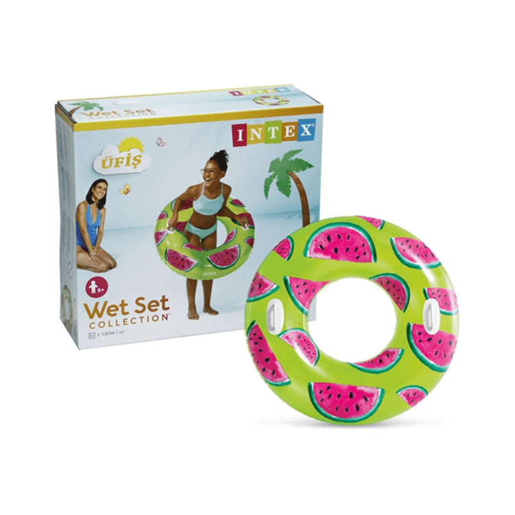 Intex Wet Set Collection packaging and a 42-inch inflated Watermelon swim tube pool float featuring two white handles.