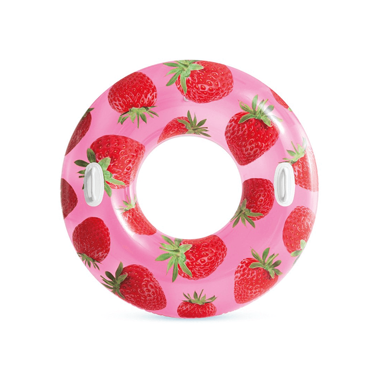 Intex Strawberry themed inflatable pool float ring with a pink berry pattern and two heavy-duty grab handles.