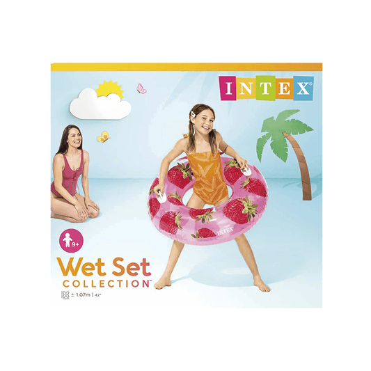Intex Wet Set Collection packaging for the 42-inch inflatable Strawberry swim tube pool float featuring two white handles, showing a smiling girl holding it.
