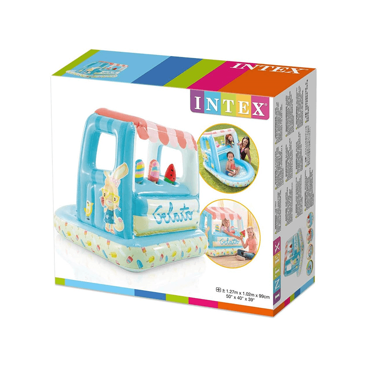 Intex Gelato inflatable play center box packaging showing dimensions of 1.27m x 1.02m x 99cm.