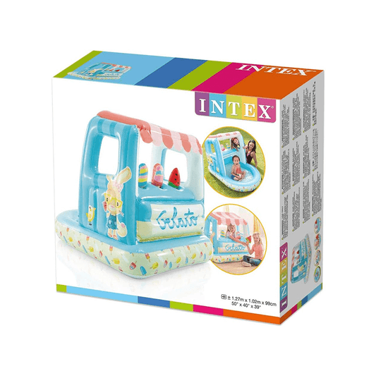 Intex Gelato inflatable play center box packaging showing dimensions of 1.27m x 1.02m x 99cm.
