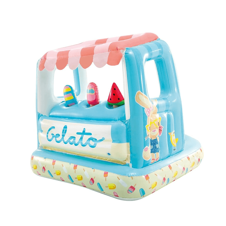 Side view of the Intex Gelato ice cream stand kiddie pool featuring a pink canopy, blue walls, and an ice cream pattern on the base.