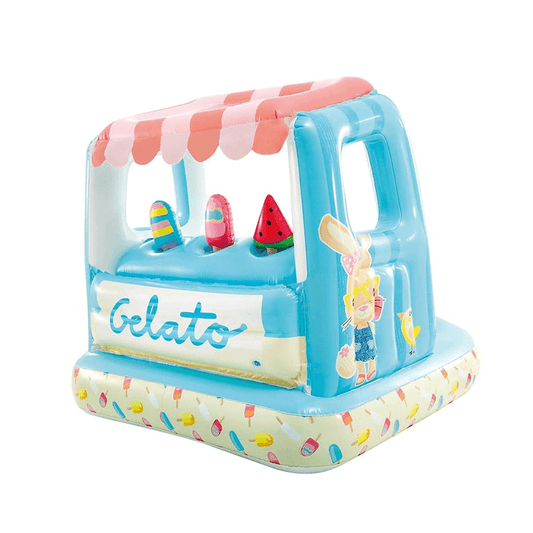 Side view of the Intex Gelato ice cream stand kiddie pool featuring a pink canopy, blue walls, and an ice cream pattern on the base.