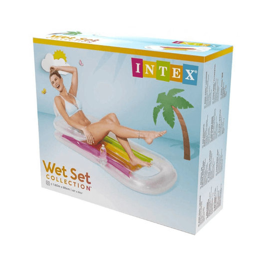 Intex Wet Set Collection King Kool Lounge packaging showing a woman relaxing on a transparent pool float with colorful inner tubes. Dimensions 1.60m by 85cm.