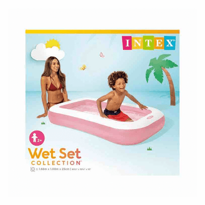Intex Wet Set Collection packaging for a 1.66m by 1m pink and white rectangular inflatable toddler wading pool showing a mother and happy child.