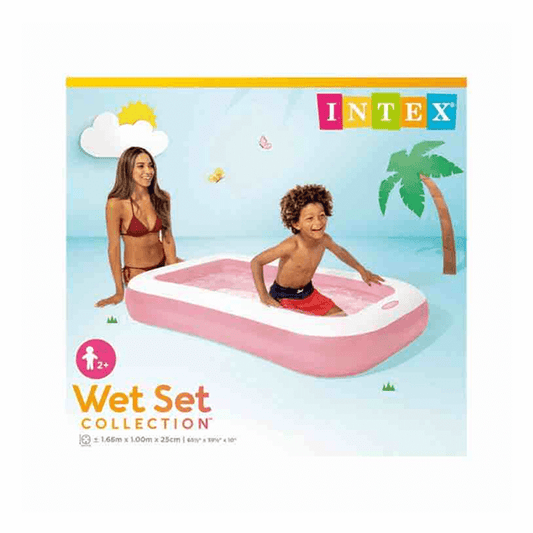Intex Wet Set Collection packaging for a 1.66m by 1m pink and white rectangular inflatable toddler wading pool showing a mother and happy child.