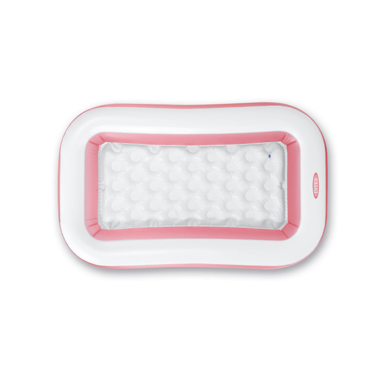 Top-down view of the pink and white Intex rectangular kiddie pool, highlighting the comfortable inflatable bubble-textured bottom.