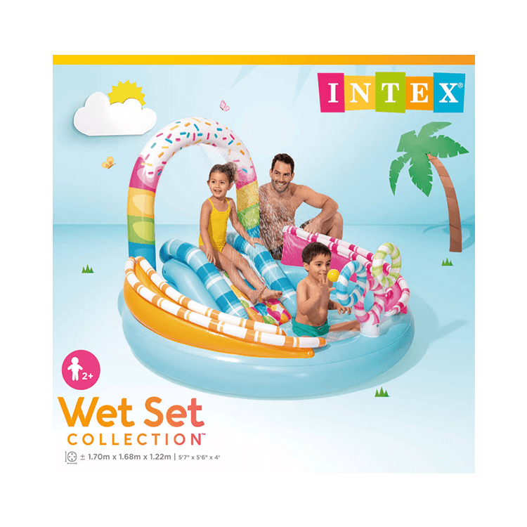 Inflatable candy-themed kiddie pool by Intex showing dimensions of 170cm length, 168cm width, and 122cm height with a 165-liter capacity.