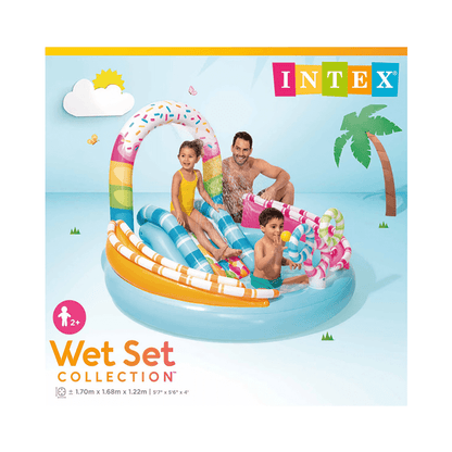 Inflatable candy-themed kiddie pool by Intex showing dimensions of 170cm length, 168cm width, and 122cm height with a 165-liter capacity.
