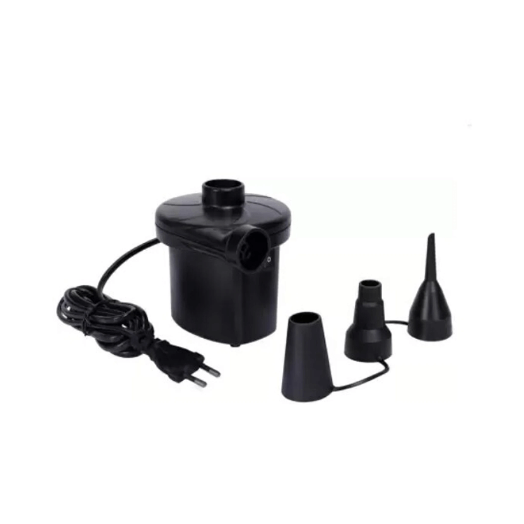 Black electric air pump with three nozzle attachments included for inflating the Intex kiddie pool.
