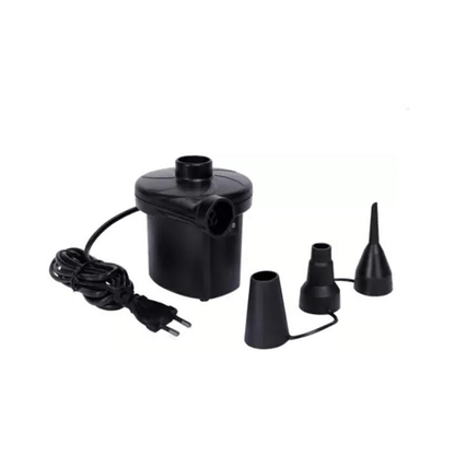 Black electric air pump with three nozzle attachments included for inflating the Intex kiddie pool.