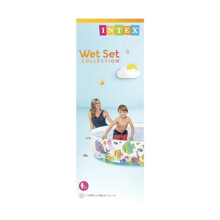 Intex Wet Set Collection Snapset Pool packaging showing a mother and son playing in a 1.83m x 38cm ocean-themed wading pool.