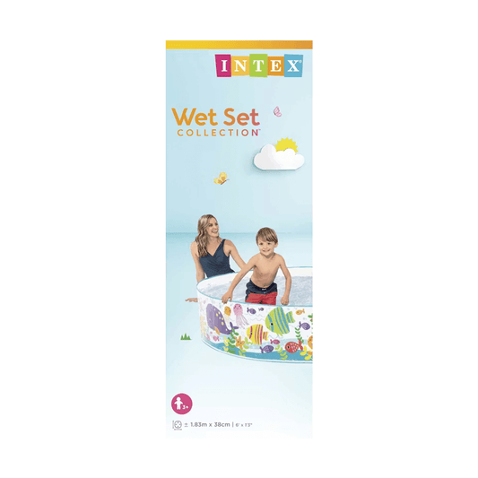 Intex Wet Set Collection Snapset Pool packaging showing a mother and son playing in a 1.83m x 38cm ocean-themed wading pool.
