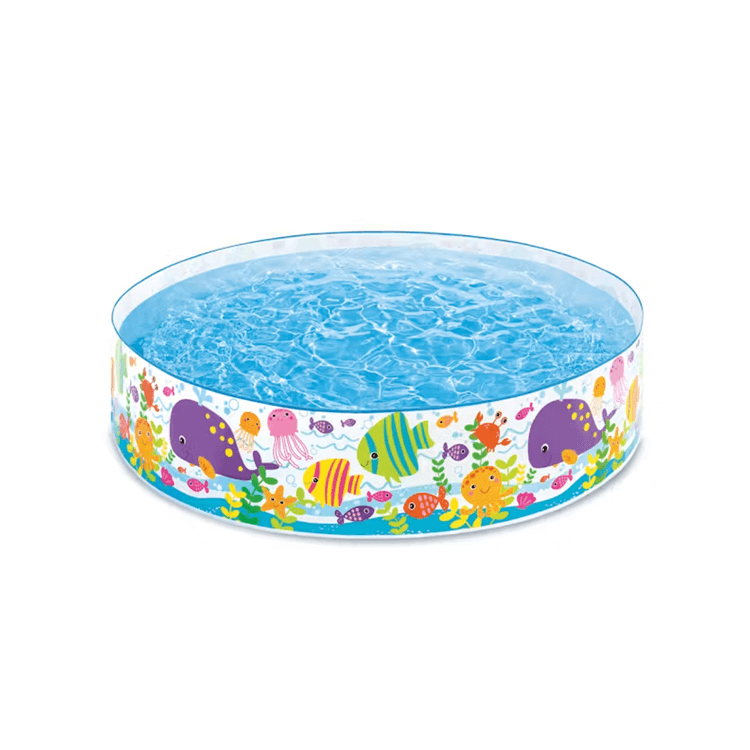 Intex ocean themed rigid snapset kids wading pool filled with water, featuring colorful underwater graphics of whales, fish, and crabs on the outer wall.