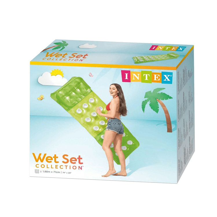 Intex Wet Set Collection packaging for the 1.88m x 71cm green inflatable pool lounge float showing a smiling woman.