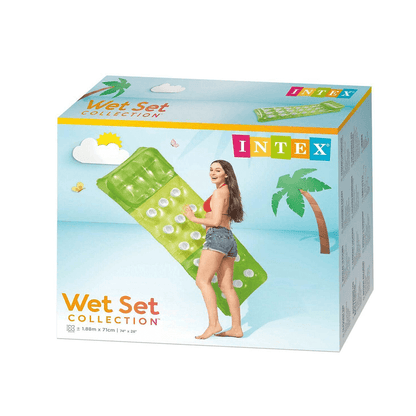 Intex Wet Set Collection packaging for the 1.88m x 71cm green inflatable pool lounge float showing a smiling woman.